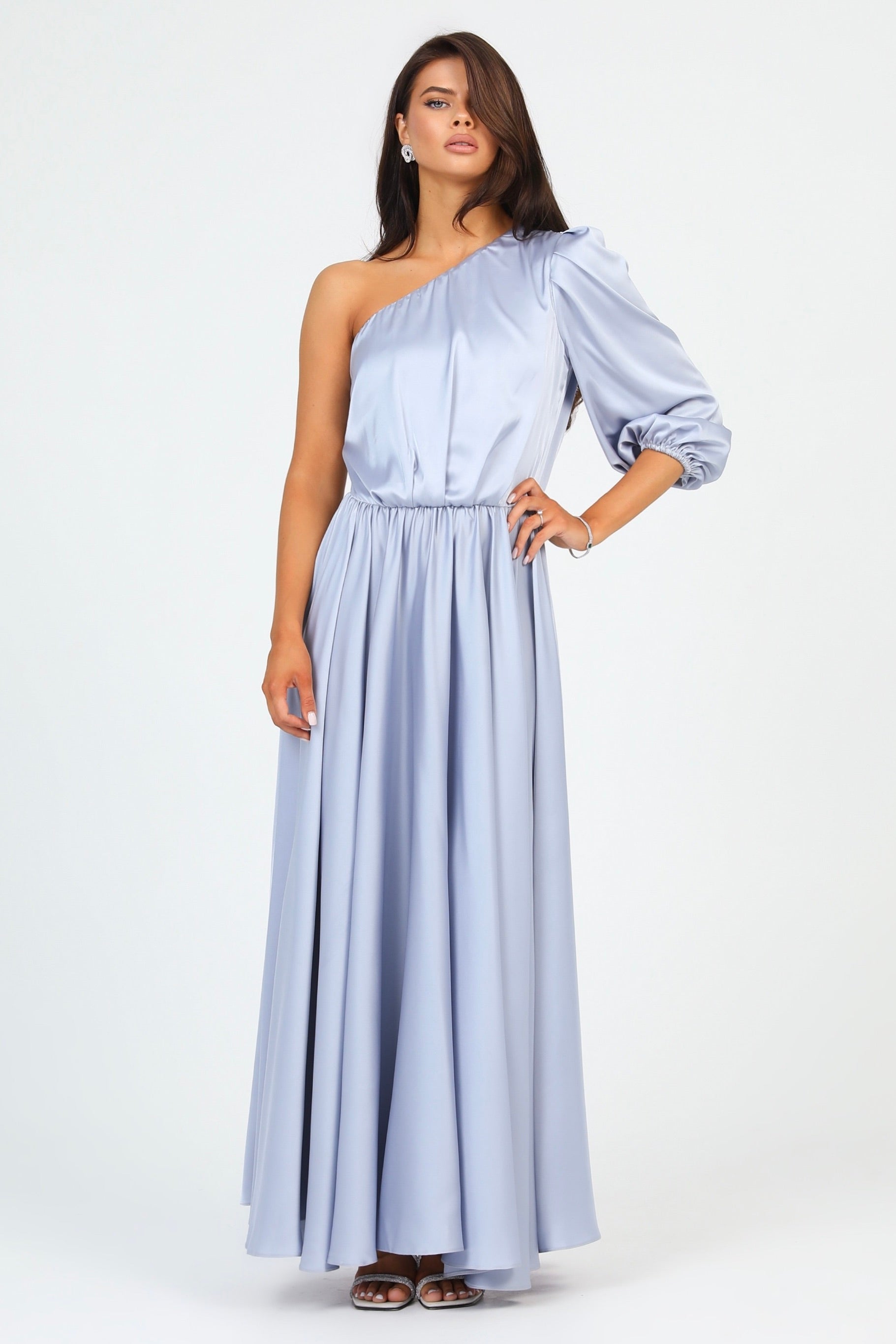 Silver Dusty Blue Satin Dress One Shoulder – Désir Couture