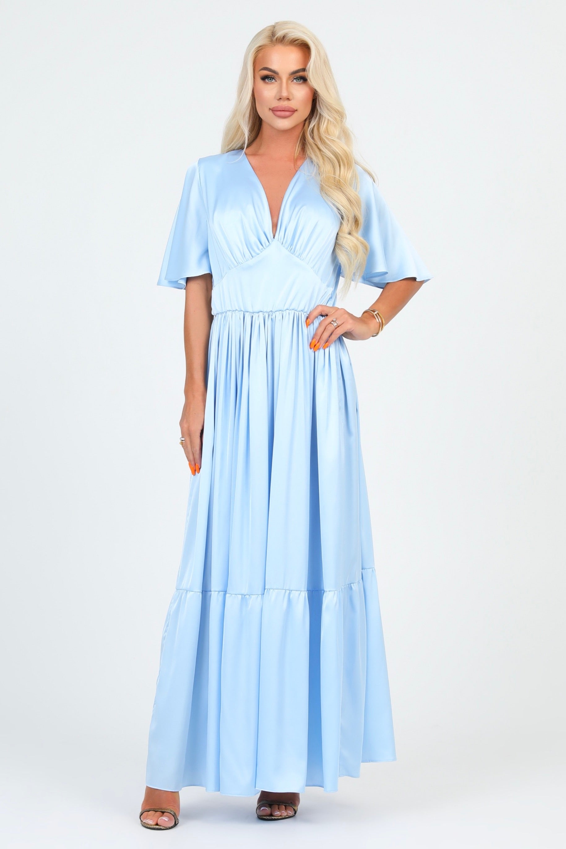 Baby Blue Silk Satin Dress V Neckline Flutter Sleeves – Désir Couture