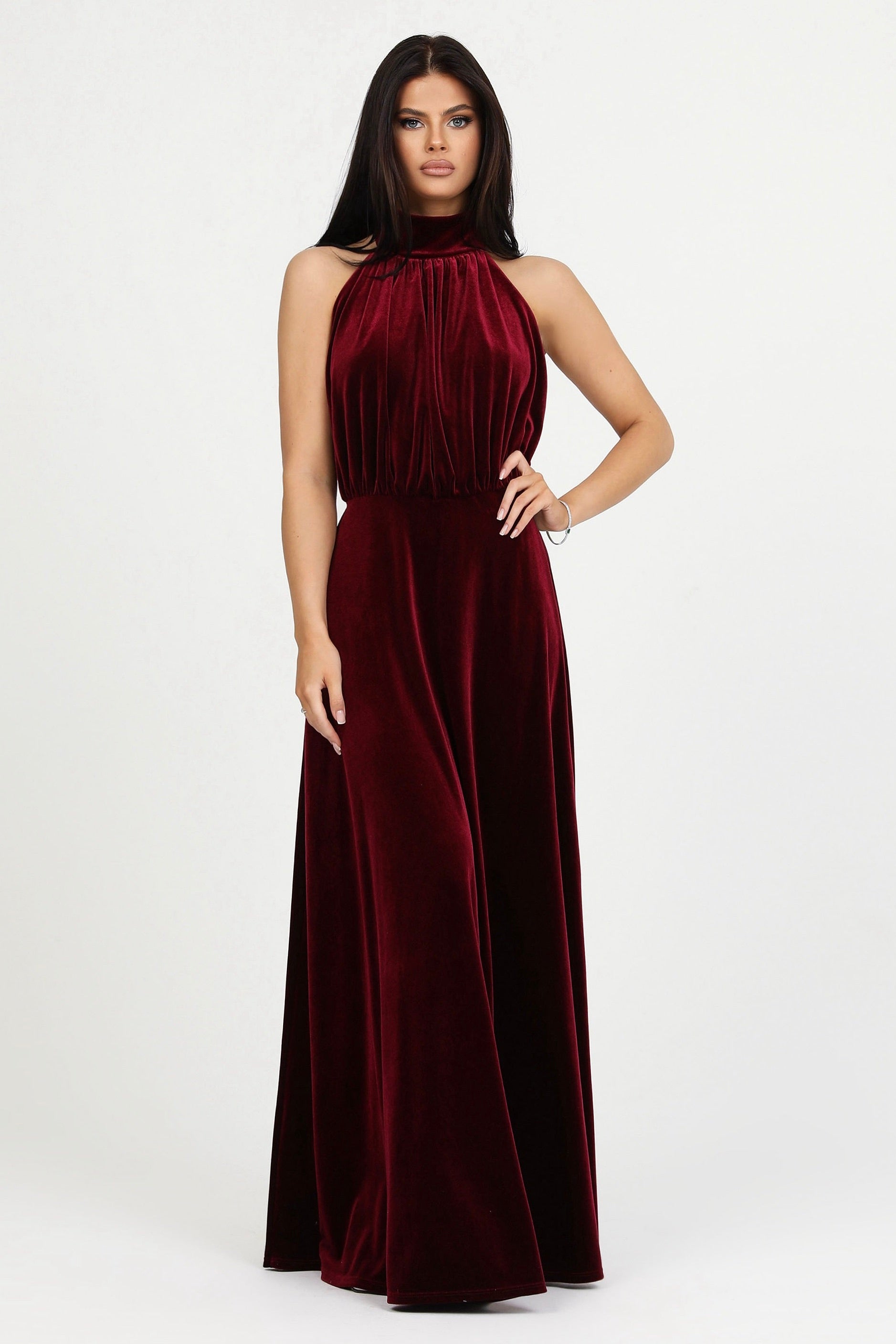 Burgundy Velvet Halter Neckline Velvet Dress