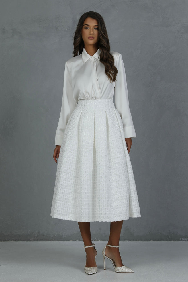 white pleated midi skirt, white midi skirt wedding, tea length wedding skirt, formal women skirt, highwaisted skirt, ball gown skirt, ball skirt, white skirt, reception outfit, jacquard skirt, chanel skirt