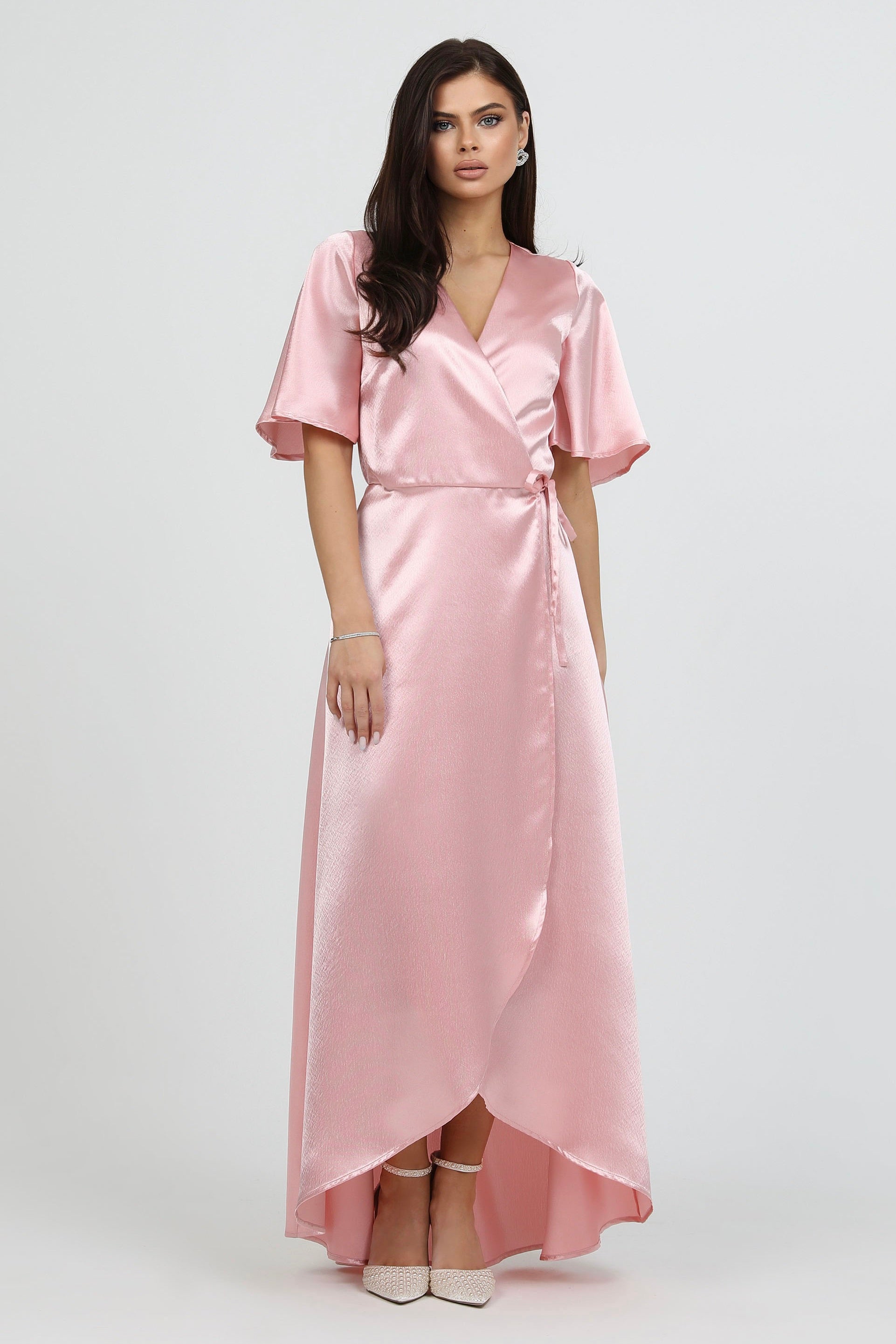 silk wrap dress S Size Light Pink Satin With Flutter Sleeves (Ready to Ship) Featuring a front wrap Size:M (6/8) polka dots 17 Elegant Amazon Bestselling