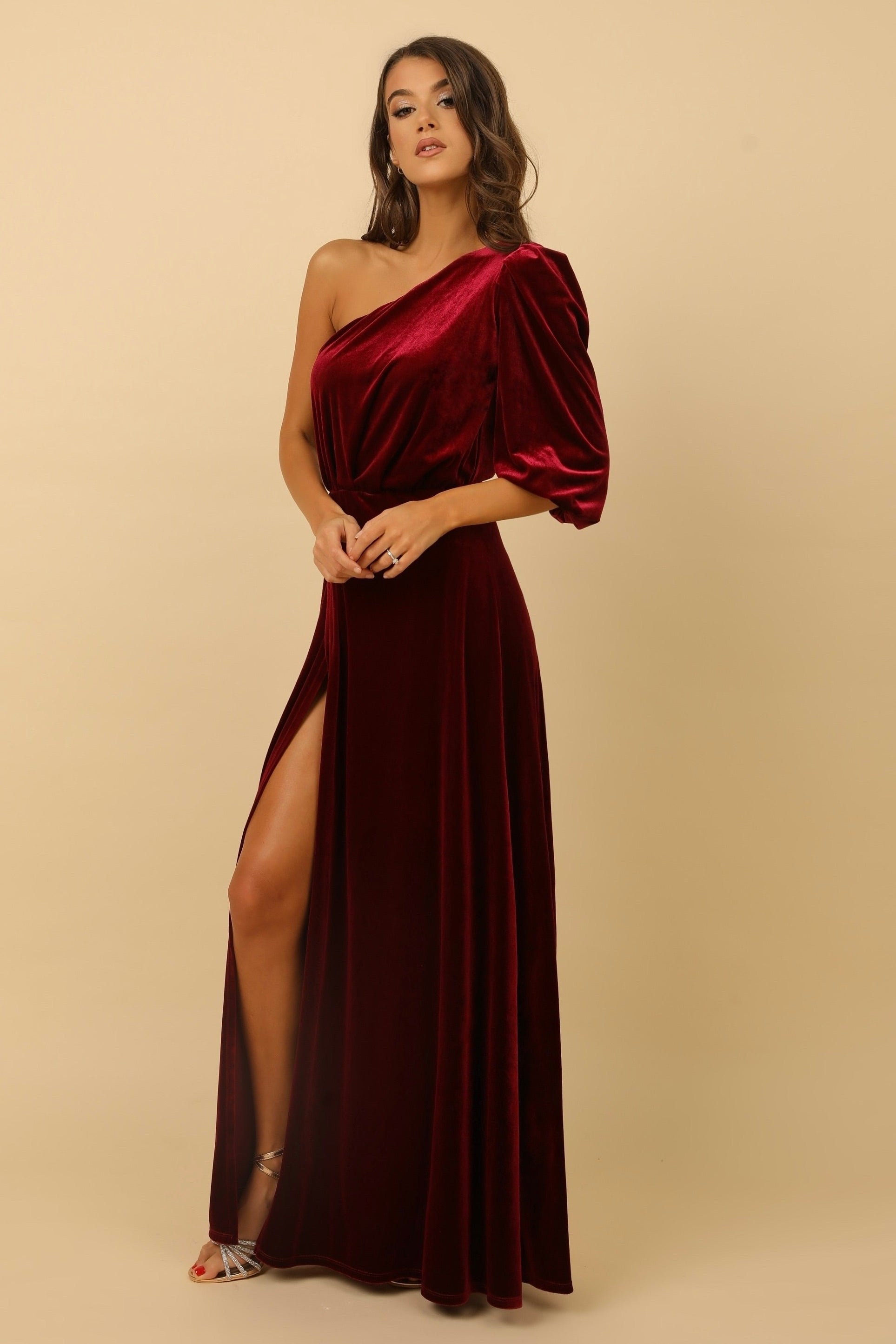 Burgundy Velvet One Shoulder Puffy Sleeve Dress