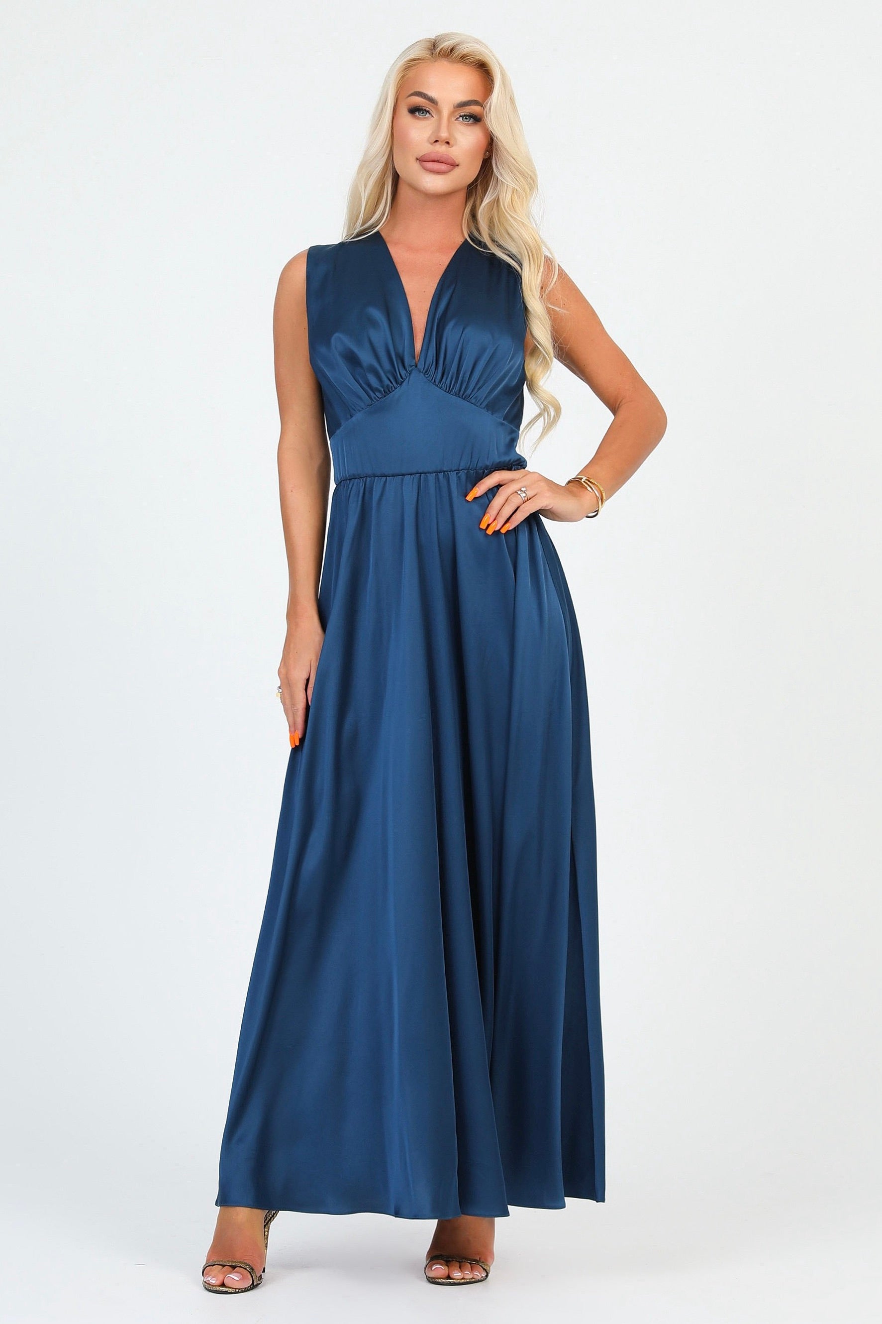 Dark Teal Blue Silk Satin Dress V Neckline Dsir Couture Dark Teal Blue Silk Satin Dress V Neckline Dsir Couture