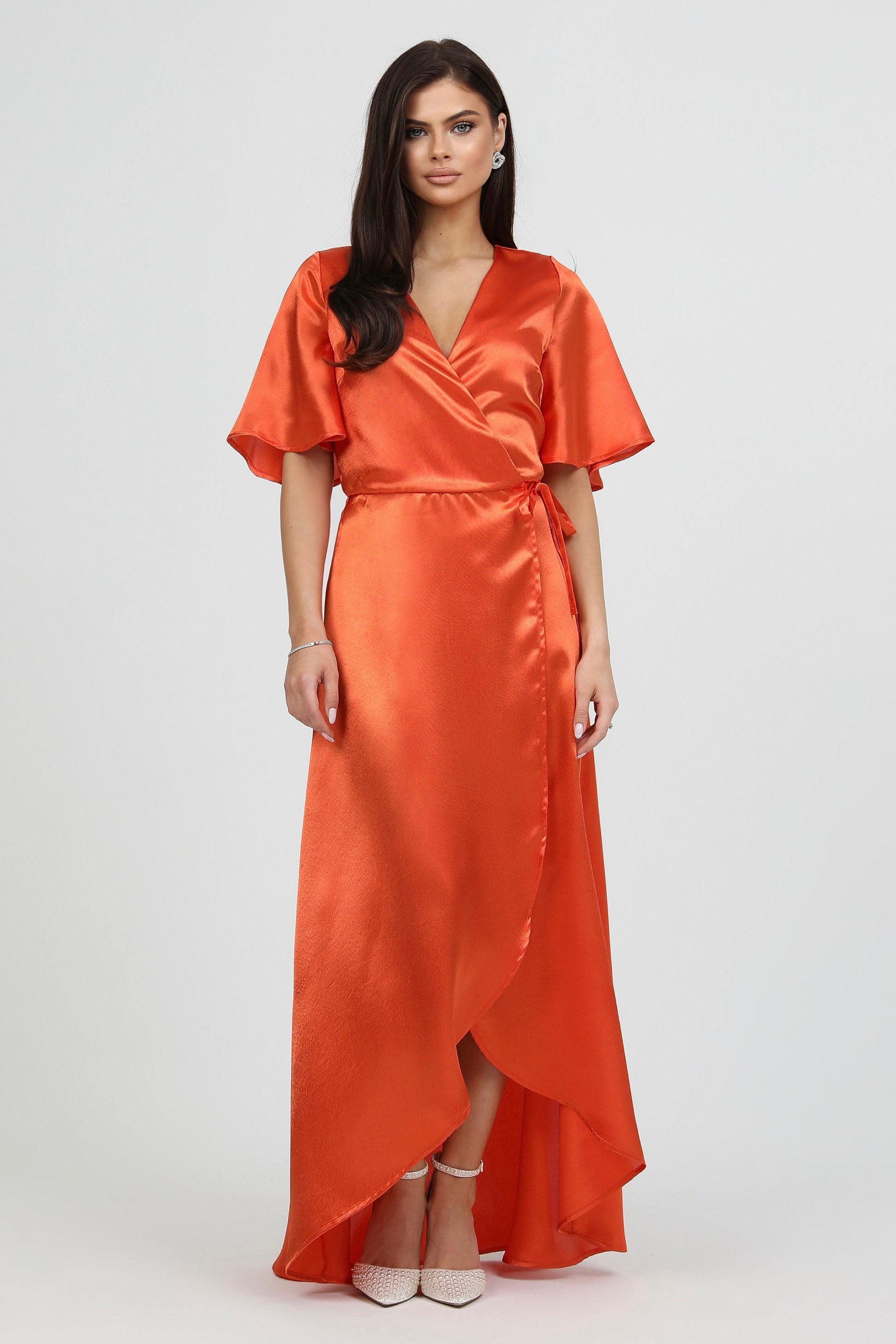 orange wrap dress Orange Linen Wrap Dress  Handmade V-Neck Summer Midi Dress Teal / XL