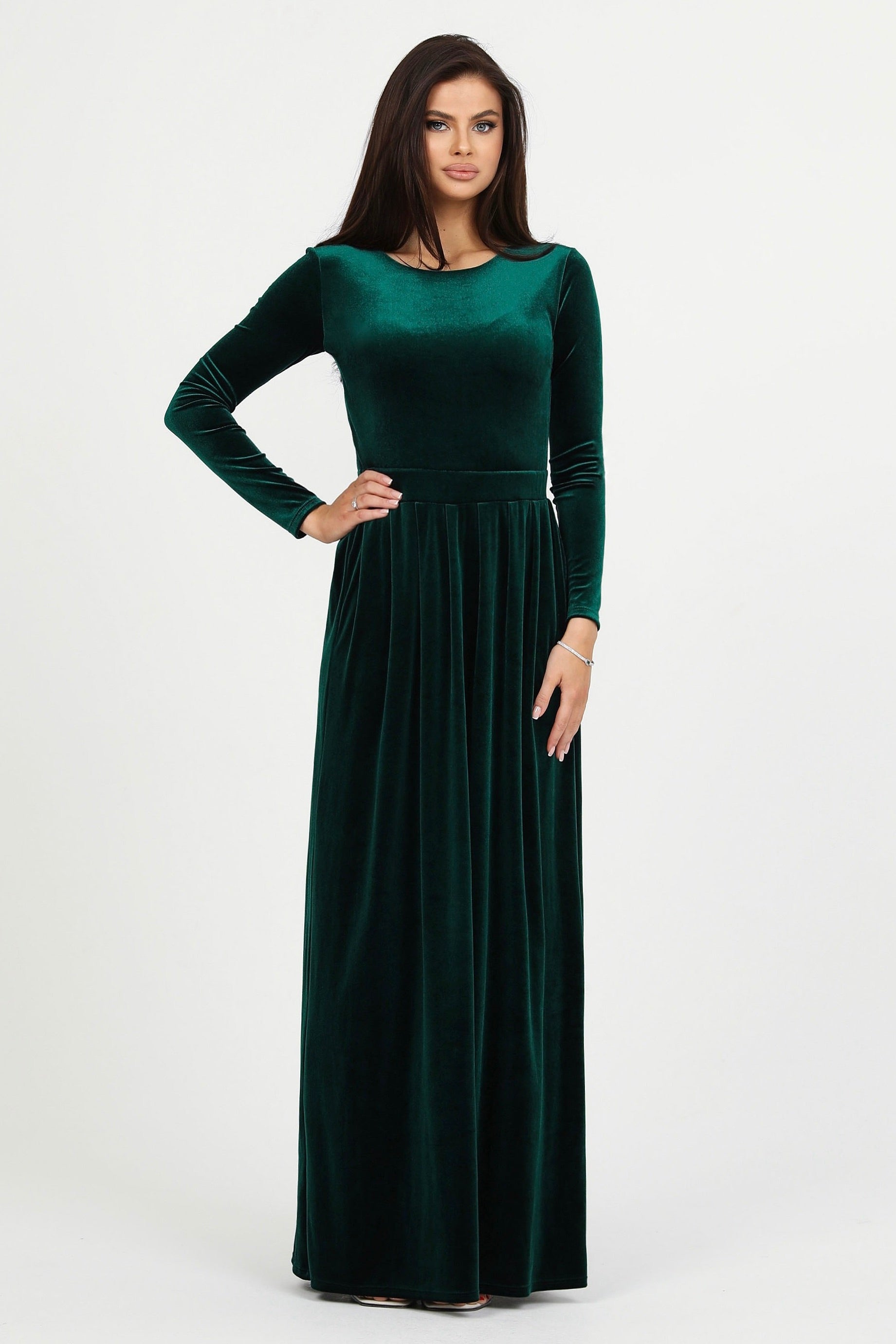 velvet dark green bridesmaid dresses V-neck Velvet Dark Green Bridesmaid Dress with Long Sleeves BD2132
