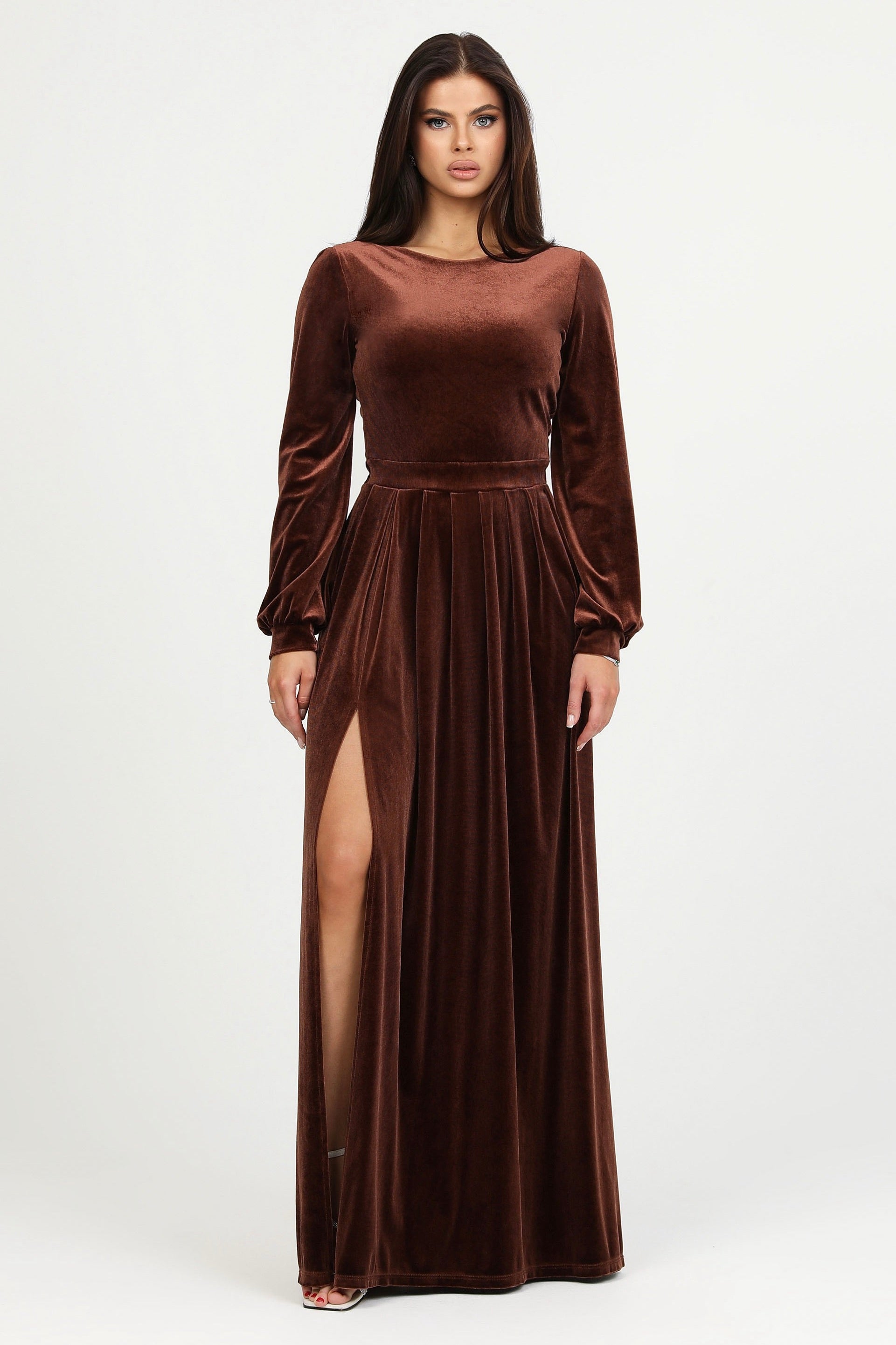 brown velvet bridesmaid dresses Backless Dress Bishop Sleeves Vuluggager as Dress-Up Chest Birdy Grey offers flattering dark color Collar Size:15