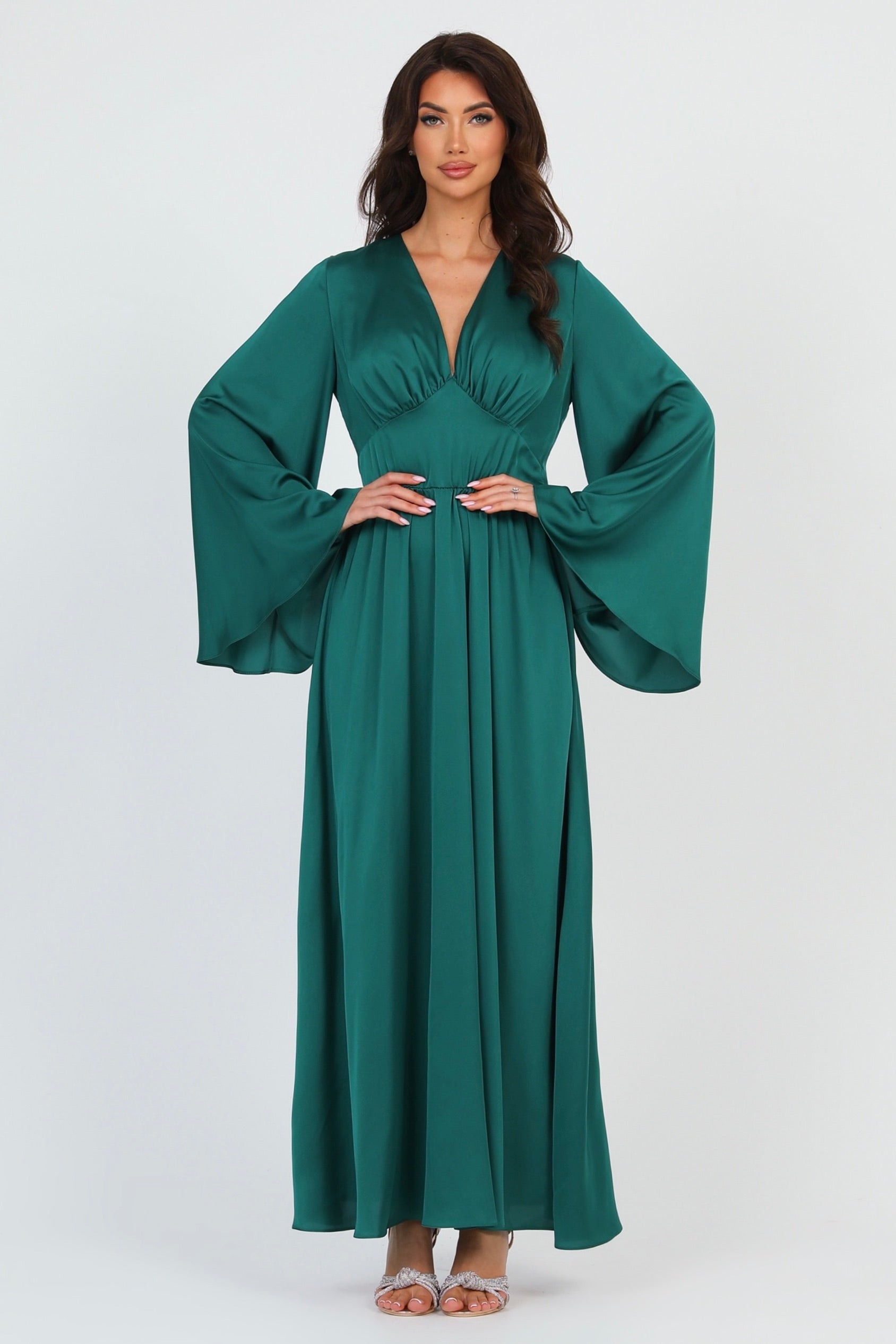 Emerald Green Silk Satin Dress V Neckline  Dsir Couture