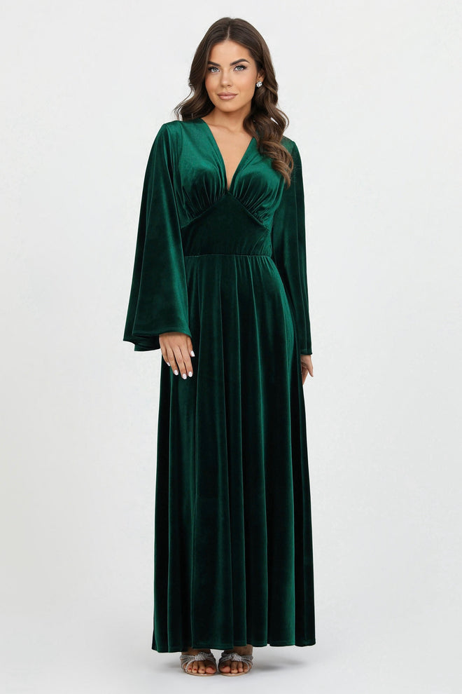 bridesmaid dress, velvet dress, wedding guest dress, gorgeous dress, wedding dress, mother of the bride dress, evening dress, gown dress, maxi dress, reception dress, elegant dress, formal dress, winter dress, fall bridesmaid, custom bridesmaid dress, dark emerald green dress, forest green dress, long sleeve dress, slit dress, flare sleeve dress