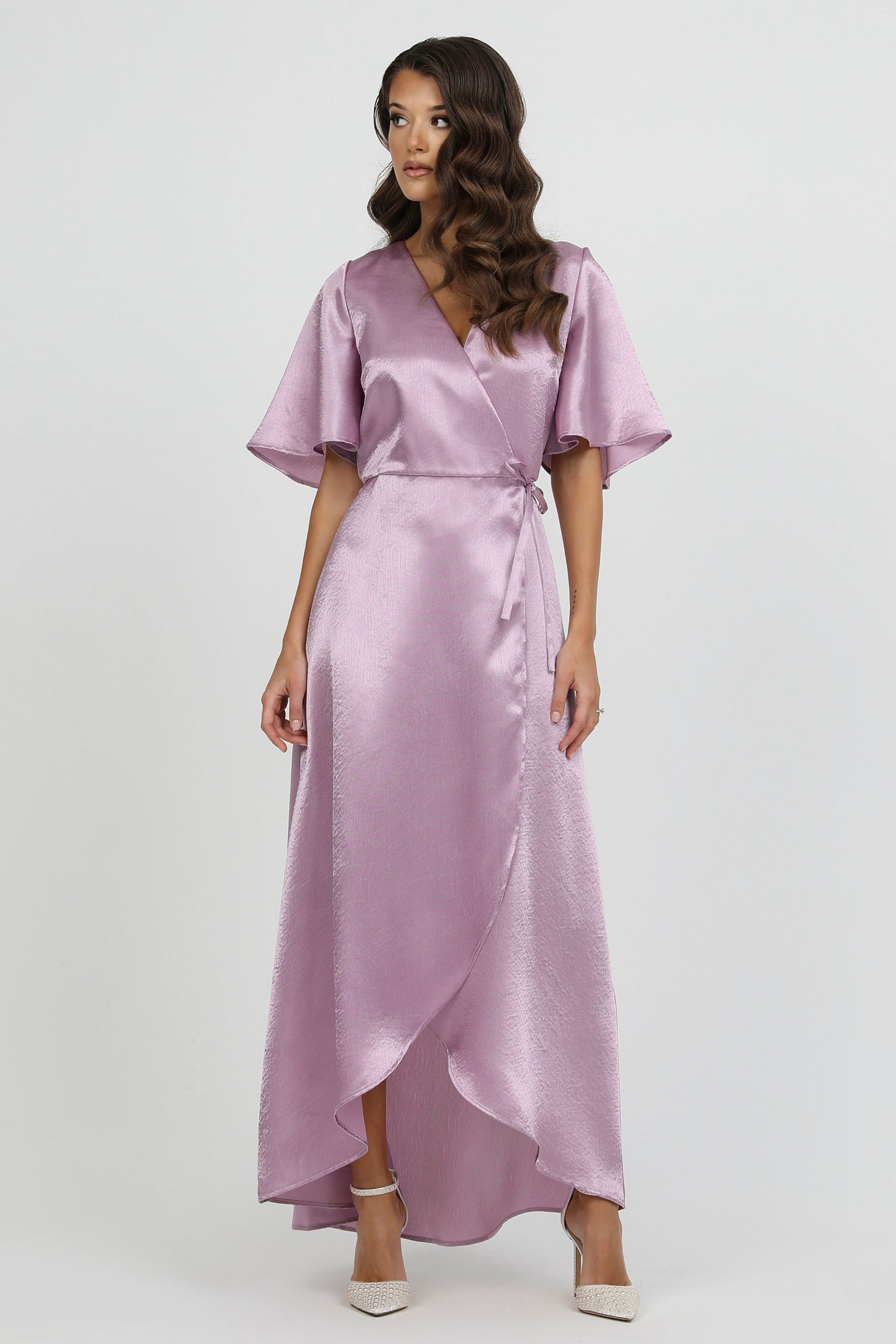 Dusty Lilac Wrap Satin Dress With Flutter Sleeves – Désir Couture