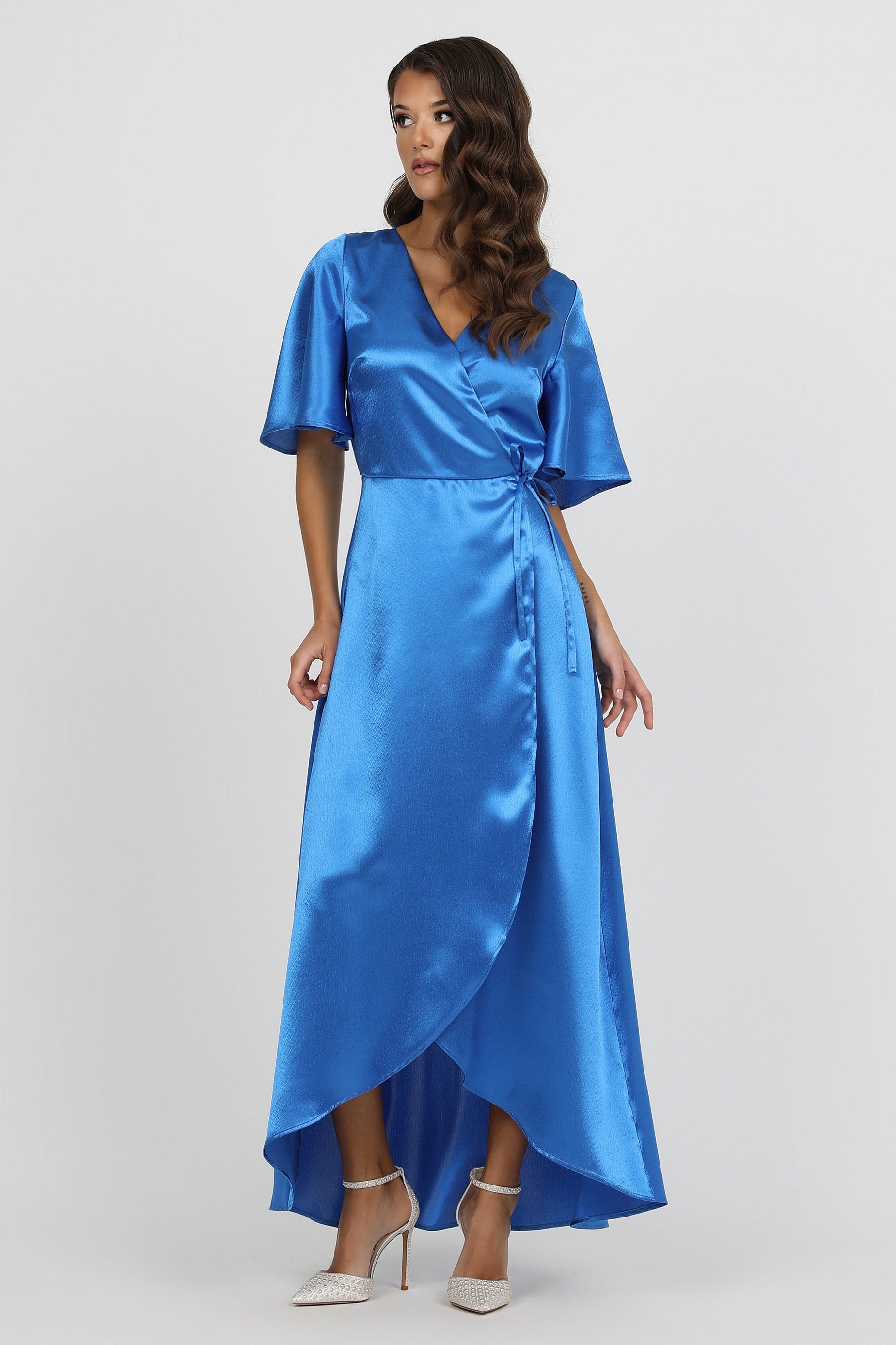 satin blue wrap dress With Flutter Sleeves – Désir Couture Part 1 The stunning Kim Chi NRO Color:sand bengaline
