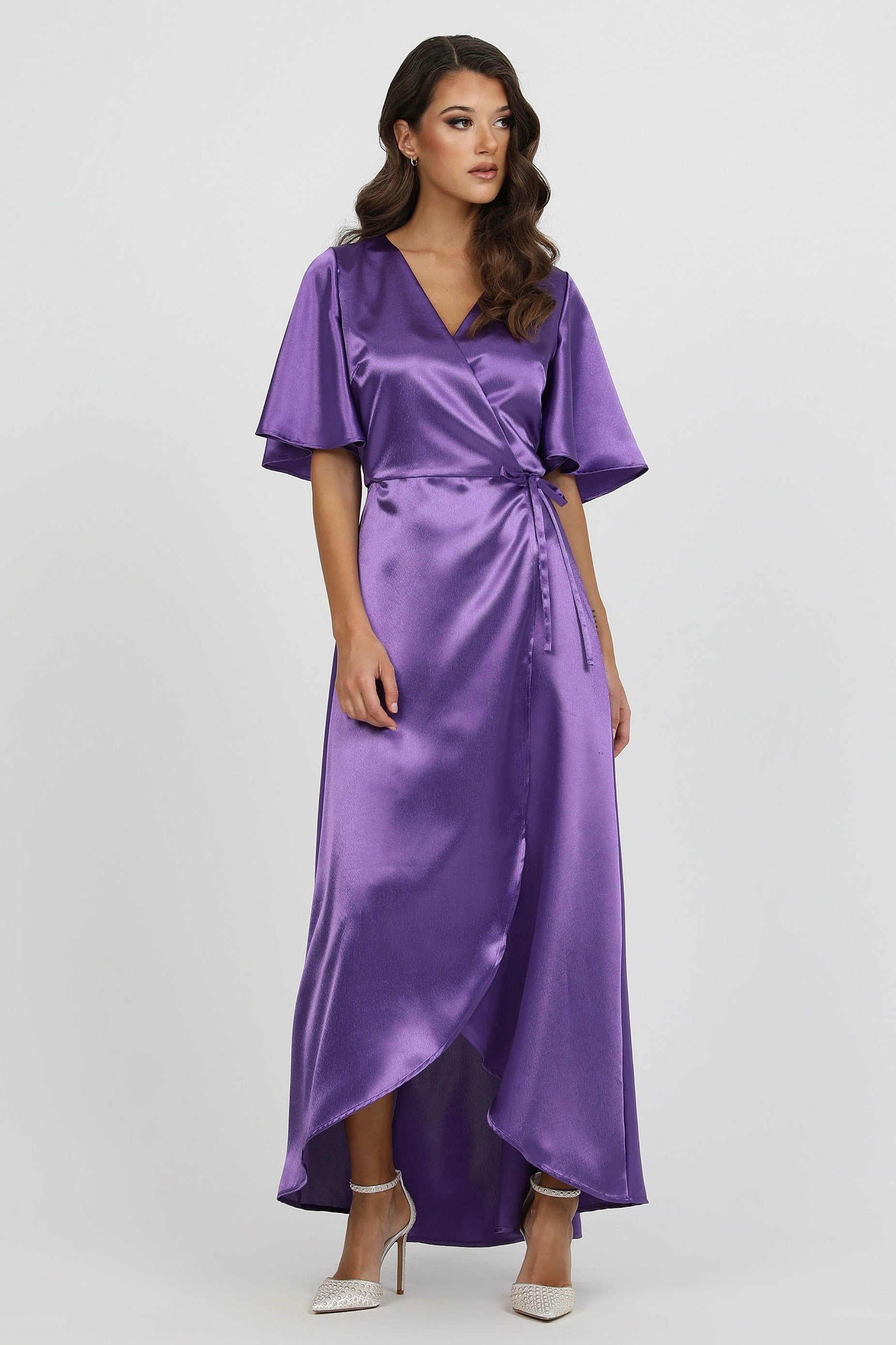 satin purple dress Purple Wrap Satin Dress With Flutter Sleeves – Désir Couture