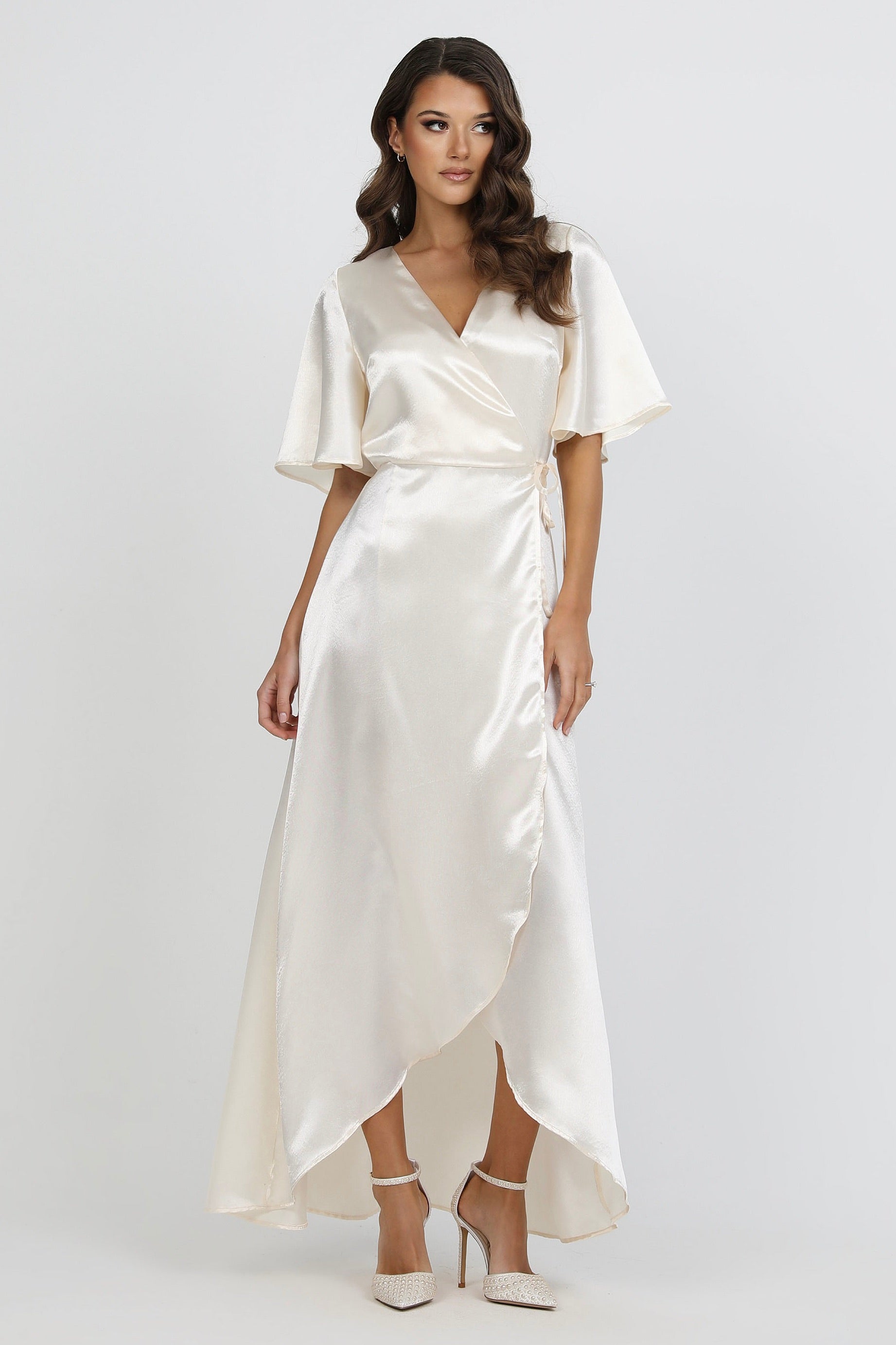 Ivory Wrap Satin Dress With Flutter Sleeves – Désir Couture