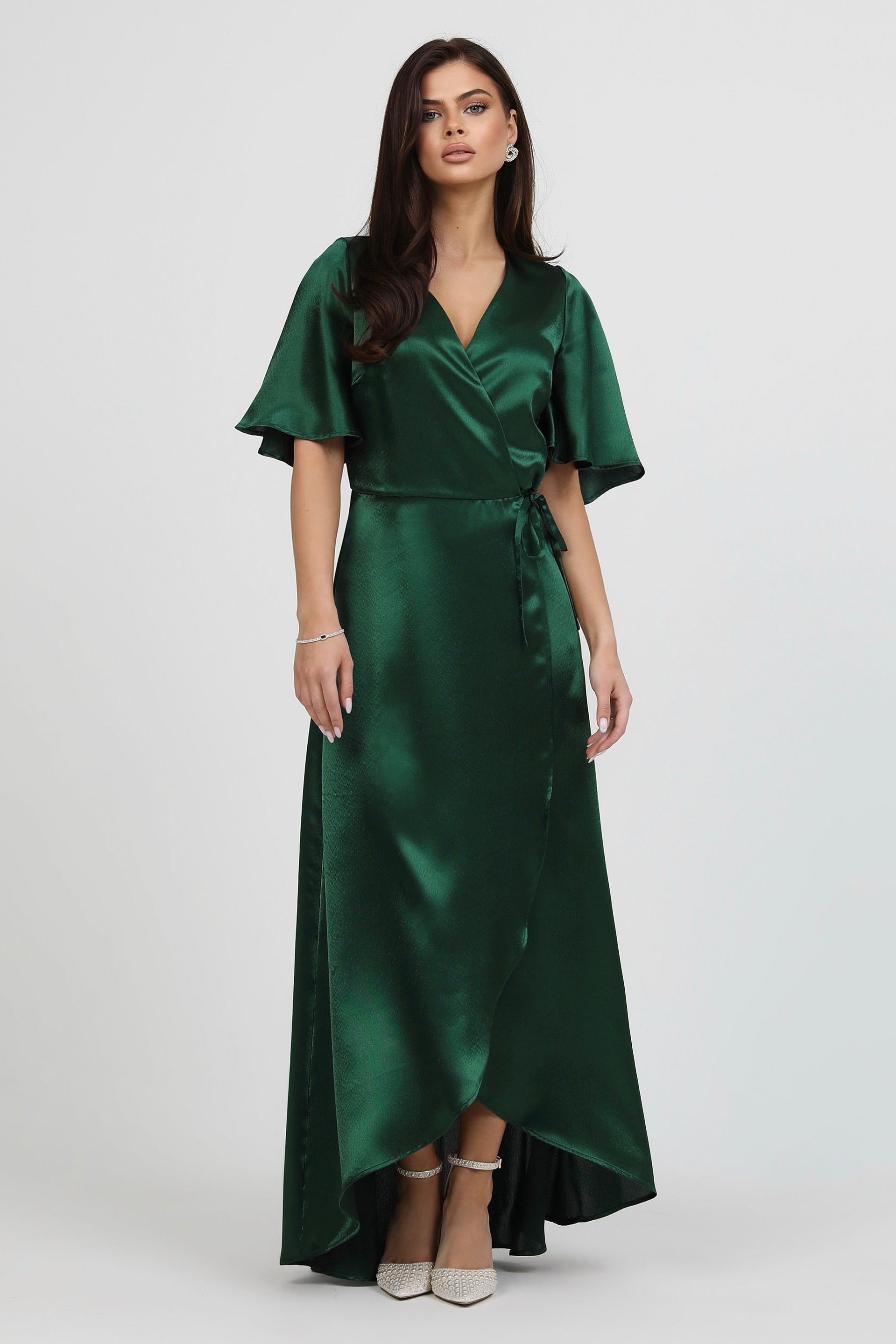 Dark Green Wrap Satin Dress With Flutter Sleeves – Désir Couture