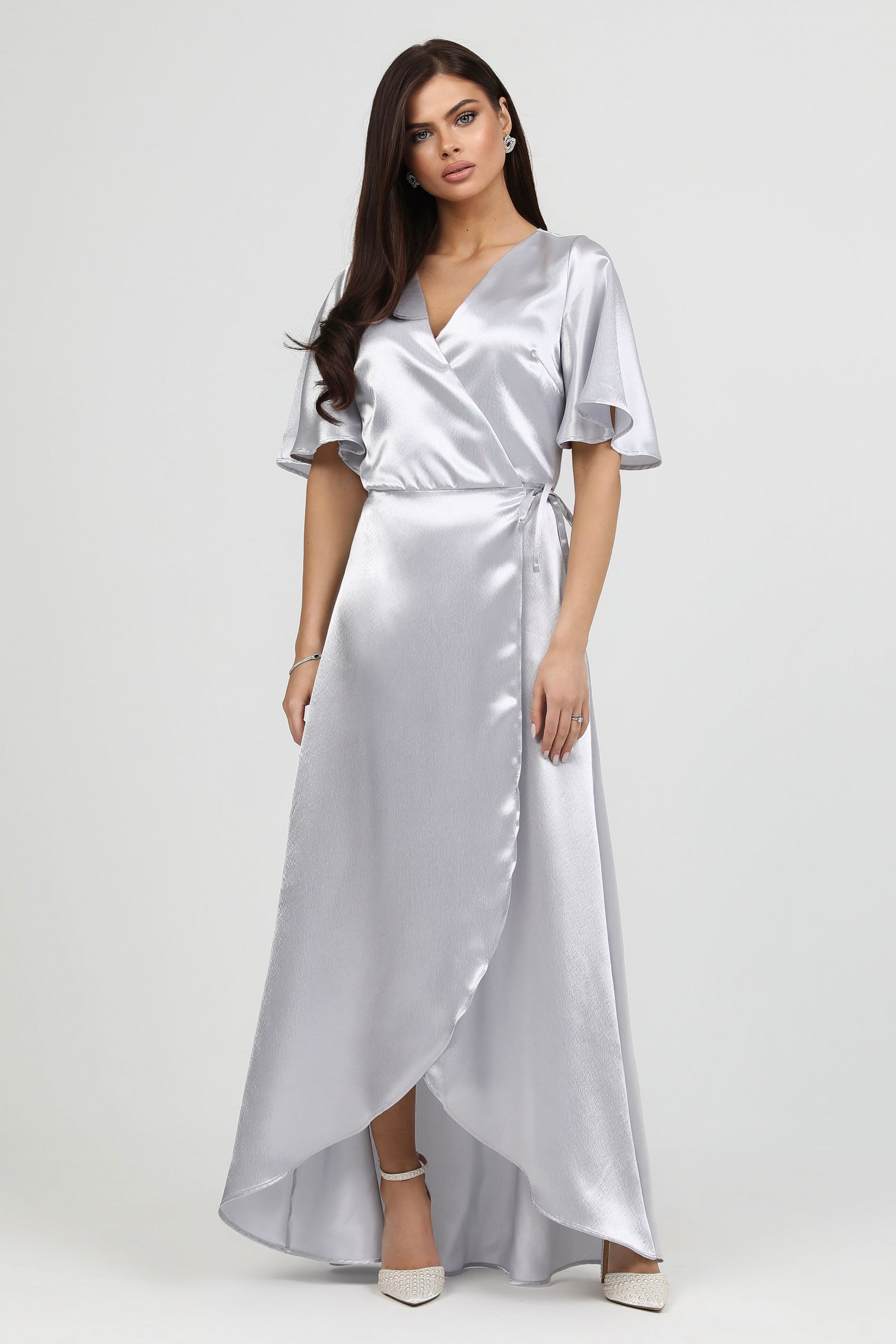 Light Gray Wrap Satin Dress With Flutter Sleeves – Désir Couture