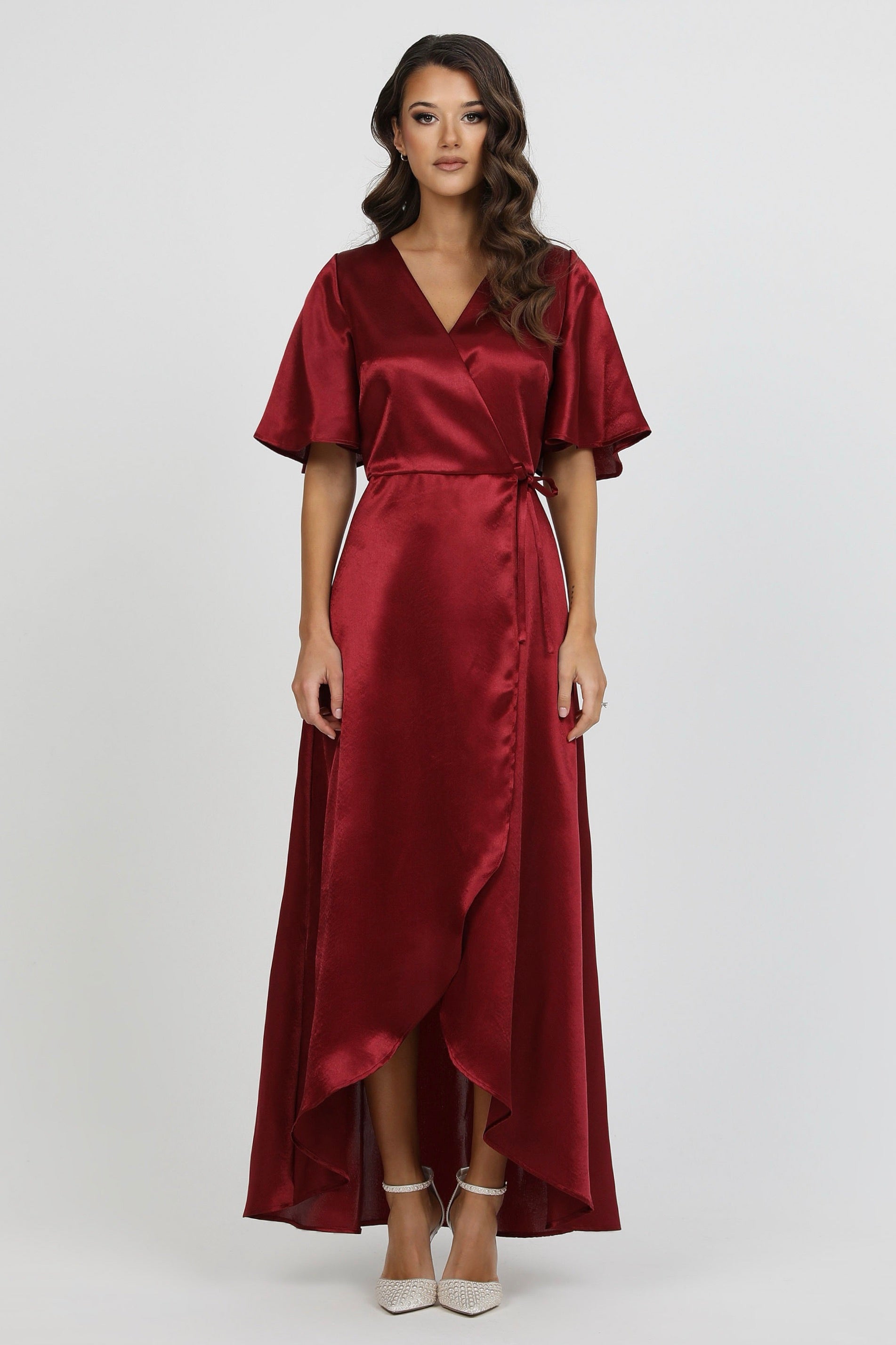shape burgundy satin wrap dress With Flutter Sleeves – Désir Couture low heel black sandal The strapless satin midi Checkmate Dress - Blue Size:12 - 18 MONTHS