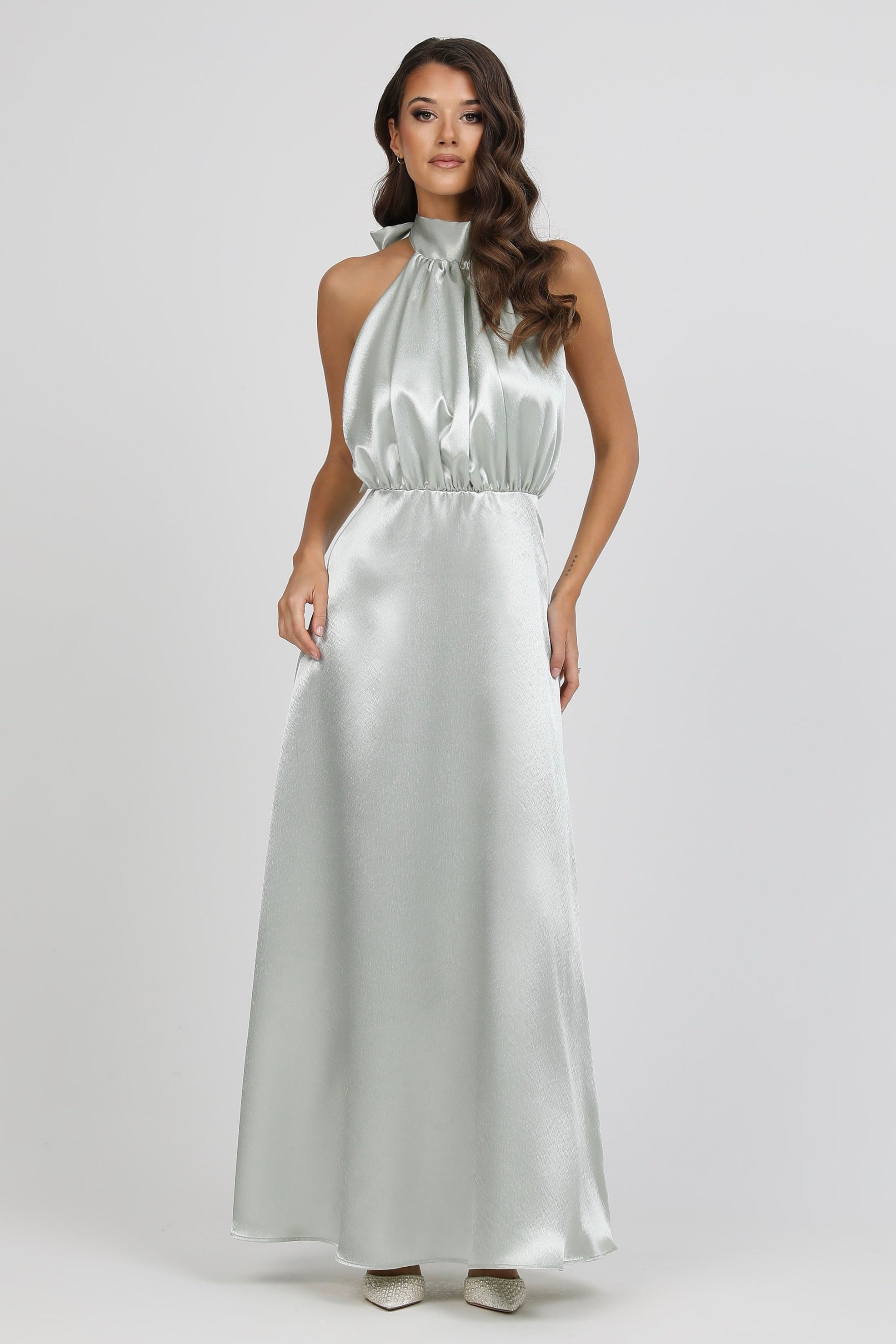 Light Sage Green Satin Bow Back Halter Neck Dress – Désir Couture