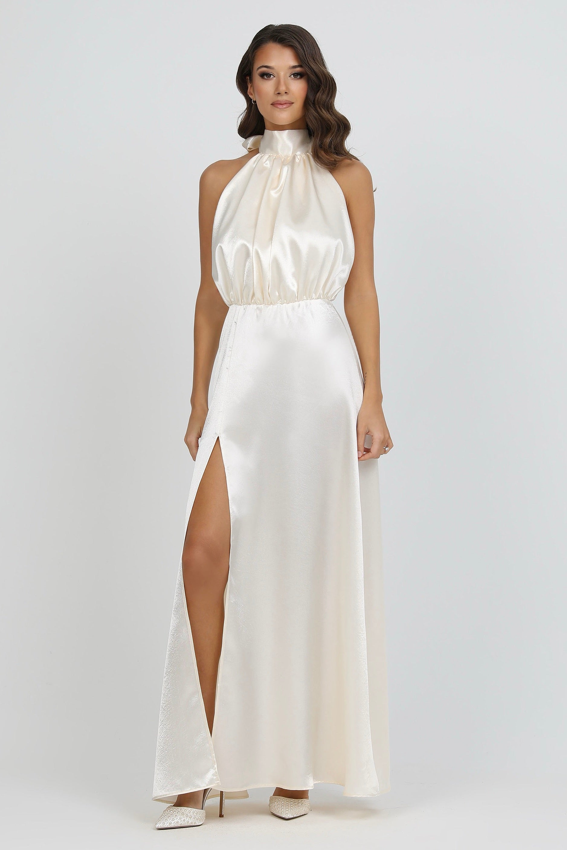 Ivory Bow Back Halter Neck Satin Dress