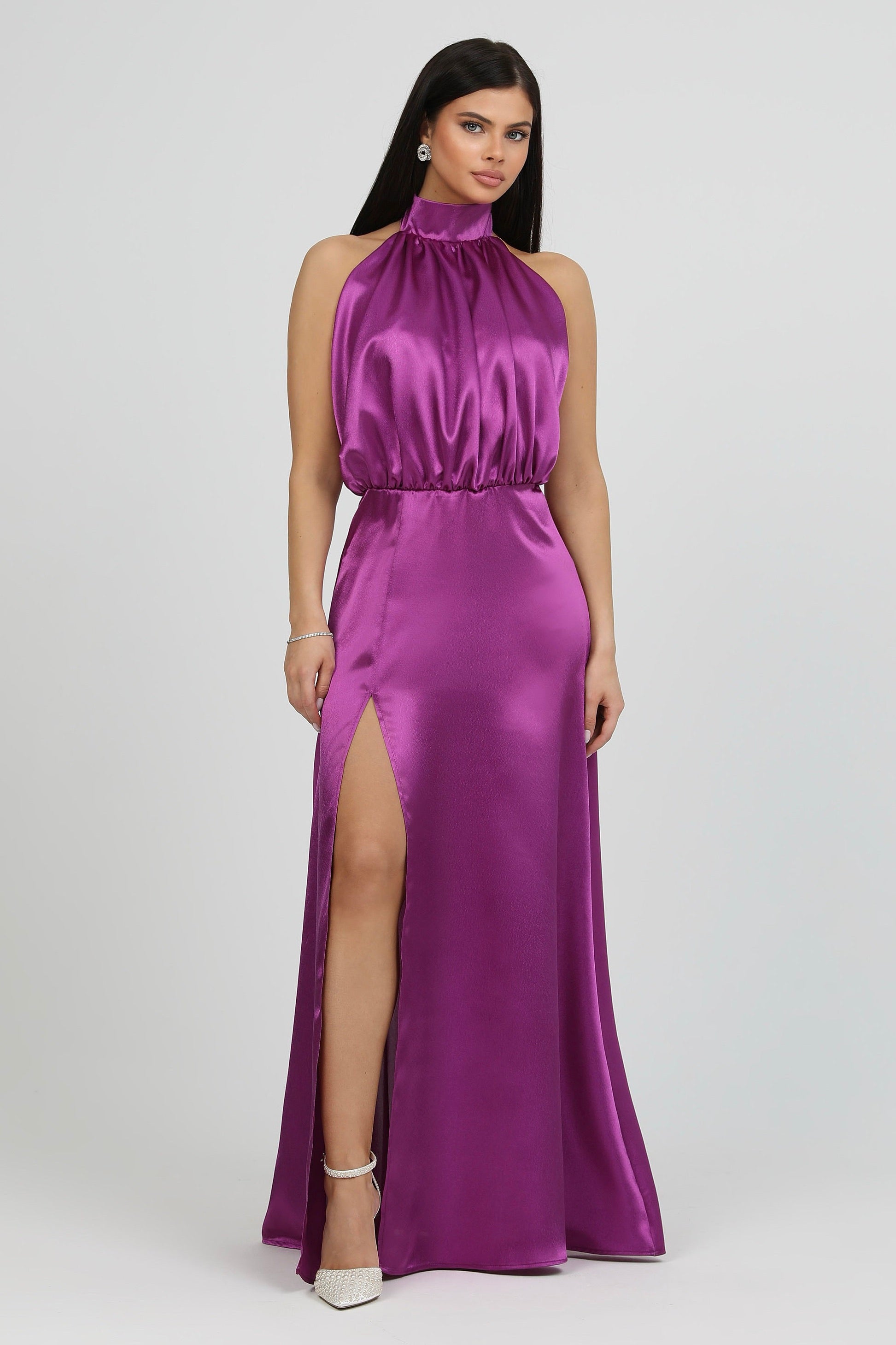 Cyclamen Purple Satin Halter Neck Dress – Désir Couture