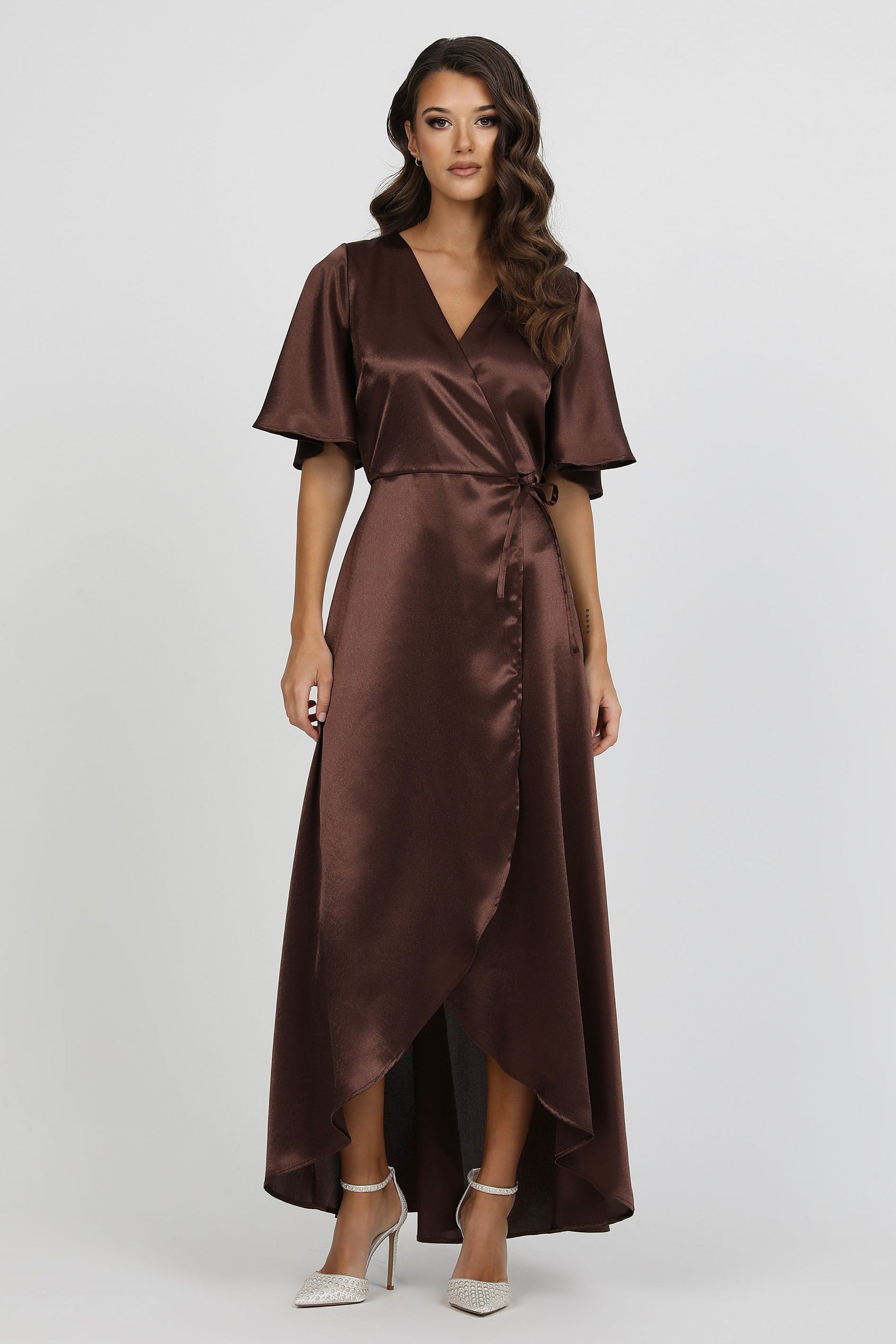 brown silk dress with sleeves Wrap Satin Flutter Vintage Cat Dress For Girls (Size):7-8 years Bust up to 91 Bella Bridesmaids Sacramento (@bellabridesmaidssac) happy hour flash sale
