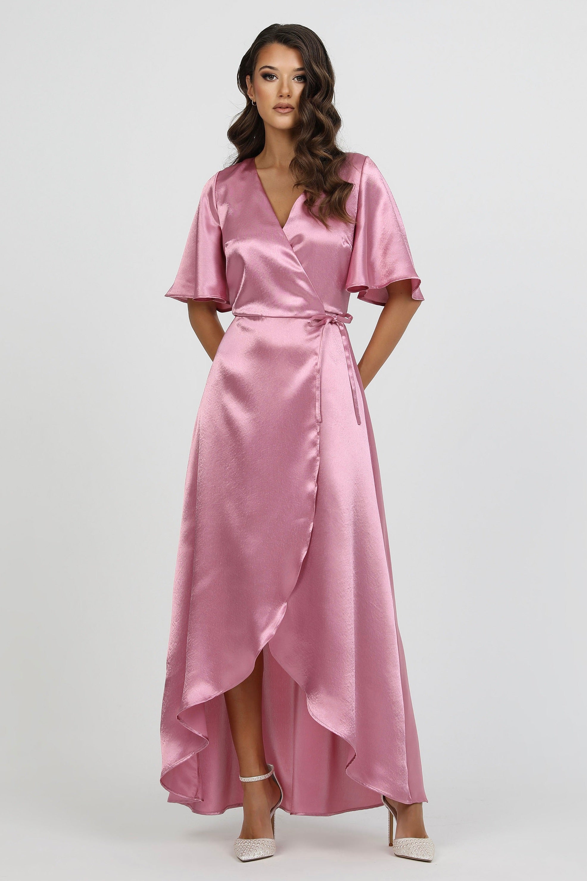 rose gold satin wrap dress Dusty With Flutter Sleeves – Désir Couture Light
