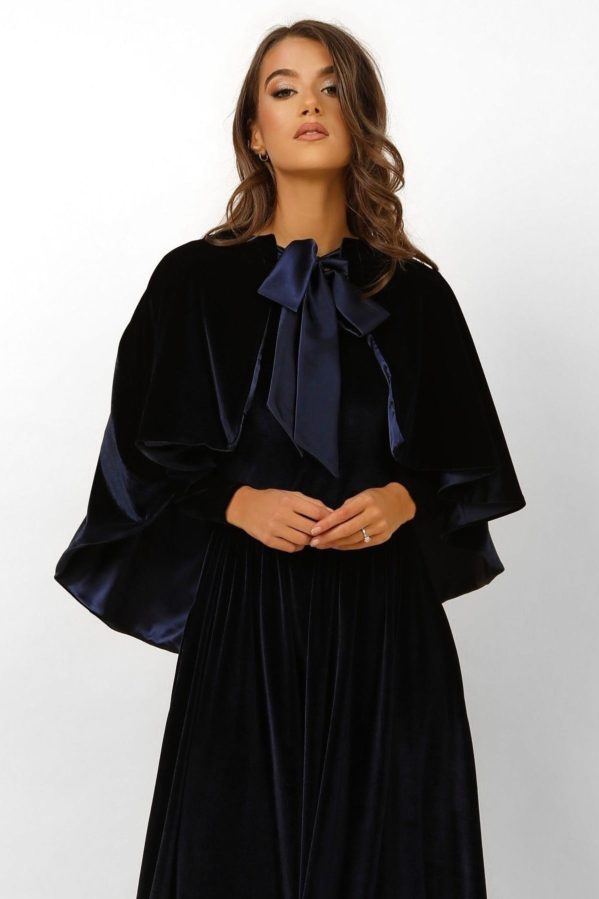 Navy Velvet Capelet With Satin Ribbon  Dsir Couture