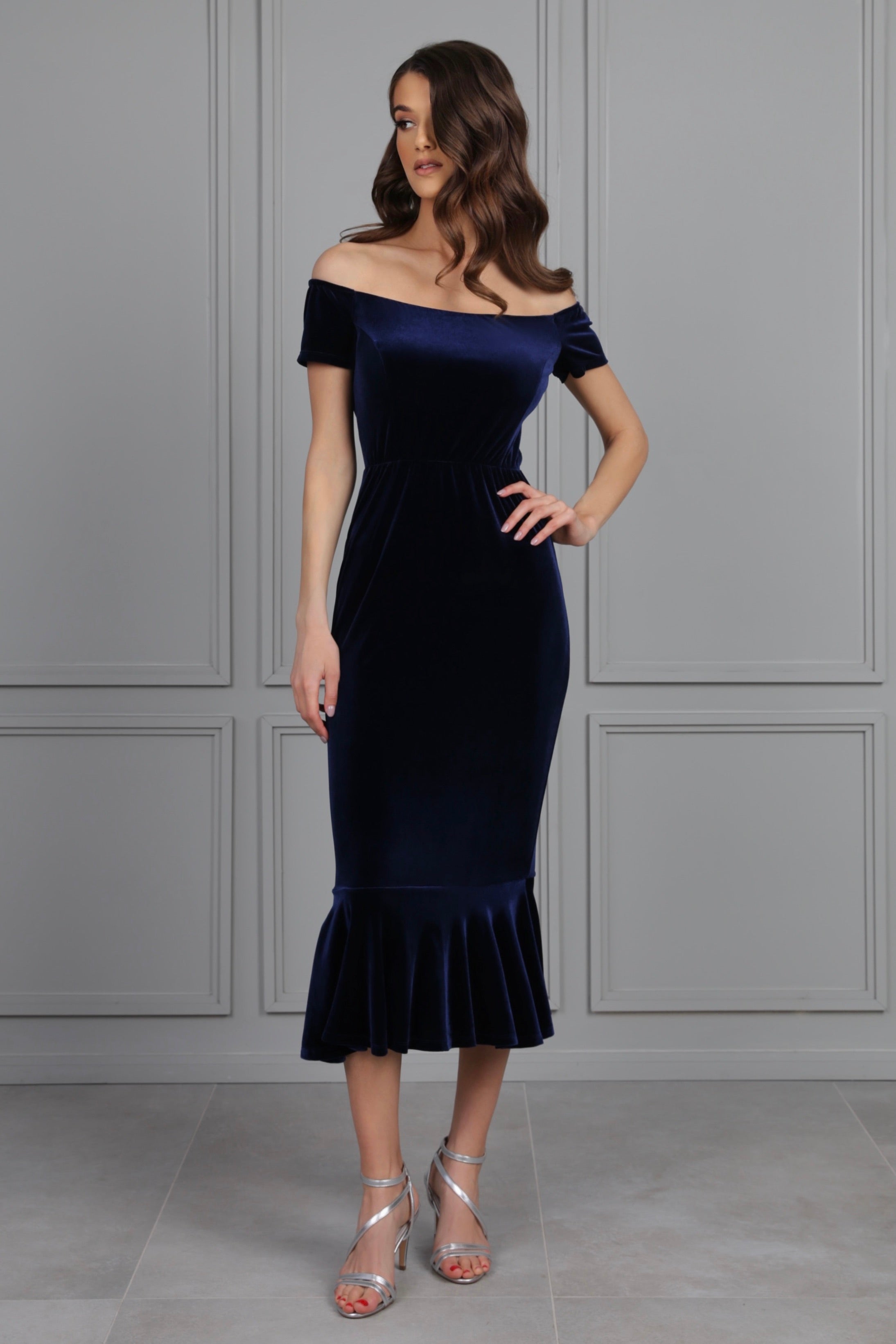 knee length dresses for ladies Navy Velvet Off Shoulders Midi Dress – Désir Couture