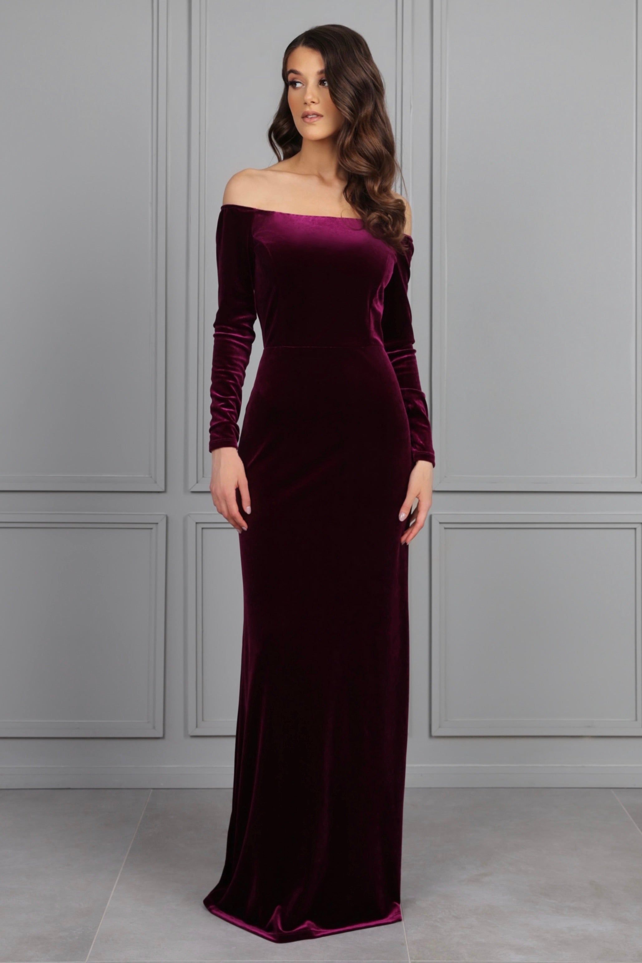 long sleeve off the shoulder velvet dress Dark Purple – Désir Couture Black Tie Dresses | Zipper Back 10/08/2026 Color:Fern Crochet