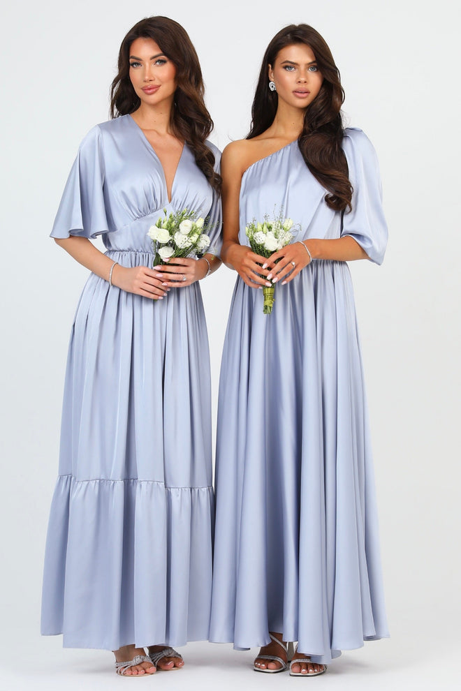 S Size Silver Dusty Blue Silk Satin Dress V Neckline Flutter Sleeves (Ready to Ship)