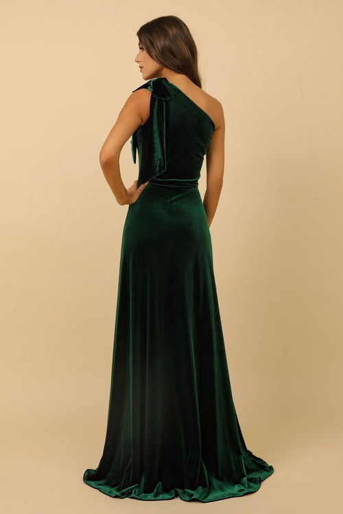 S Size Dark Green Velvet One Shoulder With Shoulder Bow Dress (Ready to Ship)