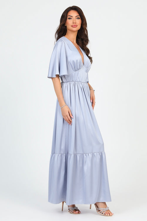 Silver Dusty Blue Silk Satin Dress V Neckline Flutter Sleeves Dsir Couture Silver Dusty Blue Silk Satin Dress V Neckline Flutter Sleeves Dsir Couture