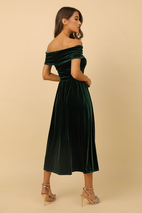 Dark Green Velvet Off Shoulder Midi Dress