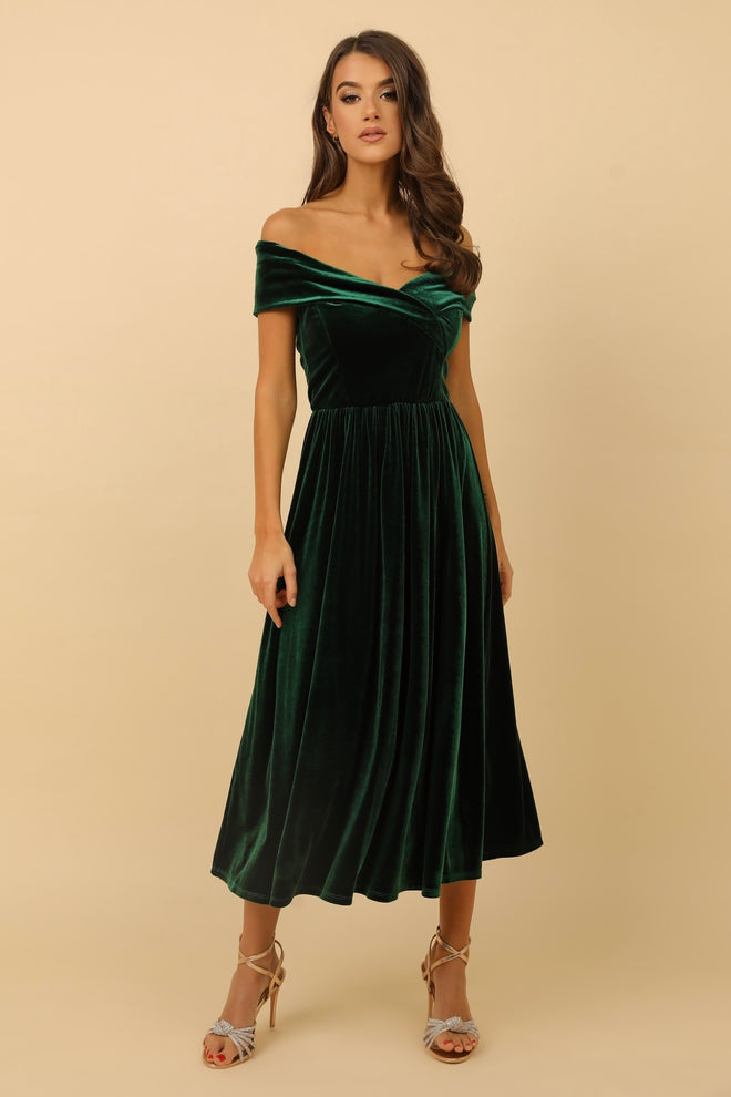 Dark Green Velvet Off Shoulder Midi Dress