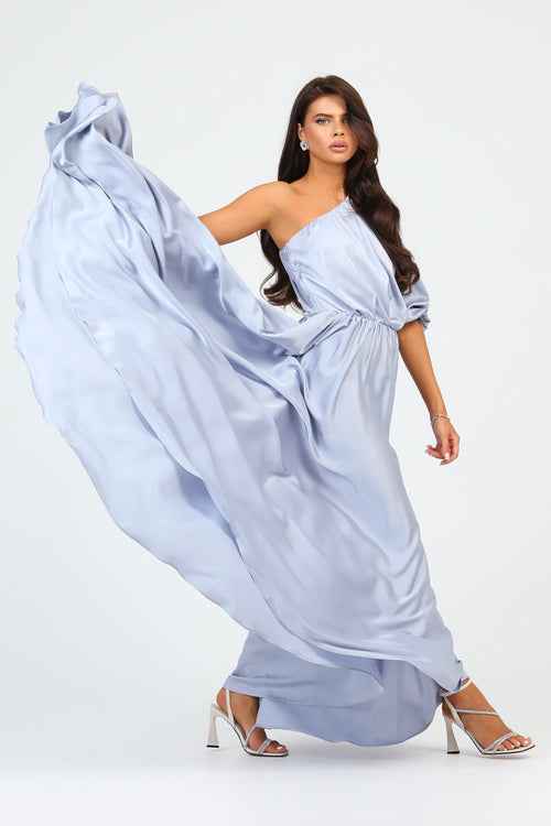 Silver Dusty Blue Satin Dress One Shoulder