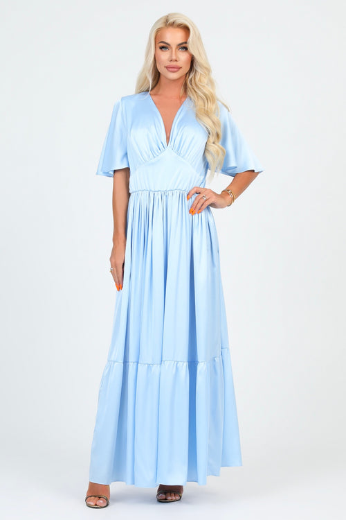 silk flutter sleeve dress Hunter Green Satin Flutter Sleeve Plunging Maxi Dress