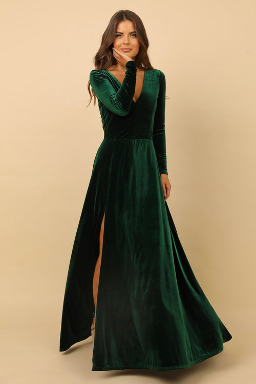 womens green velvet dress Dark Green Velvet Deep V Neckline Dress