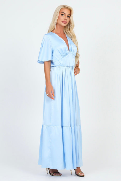 S Size Baby Blue Silk Satin Dress V Neckline Flutter Sleeves (Ready to Ship)