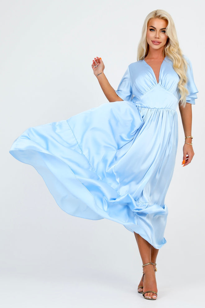 Baby Blue Silk Satin Dress V Neckline Flutter Sleeves