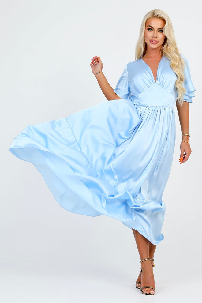 S Size Baby Blue Silk Satin Dress V Neckline Flutter Sleeves (Ready to Ship)