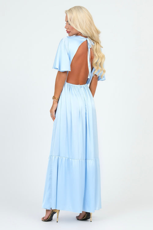 Baby Blue Silk Satin Dress V Neckline Flutter Sleeves – Désir Couture