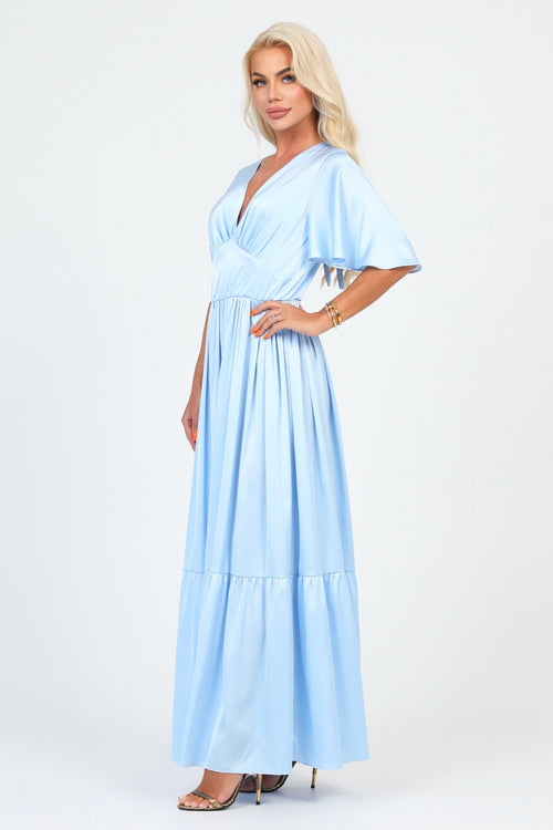 Baby Blue Silk Satin Dress V Neckline Flutter Sleeves – Désir Couture
