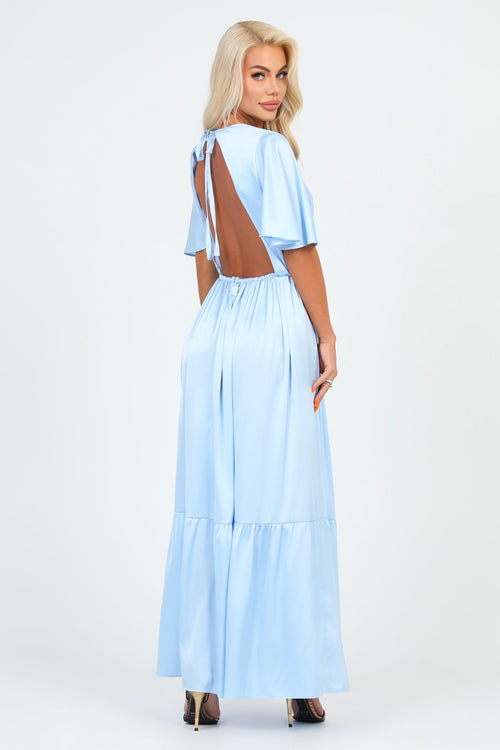 Baby Blue Silk Satin Dress V Neckline Flutter Sleeves – Désir Couture