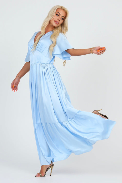 S Size Baby Blue Silk Satin Dress V Neckline Flutter Sleeves (Ready to Ship)