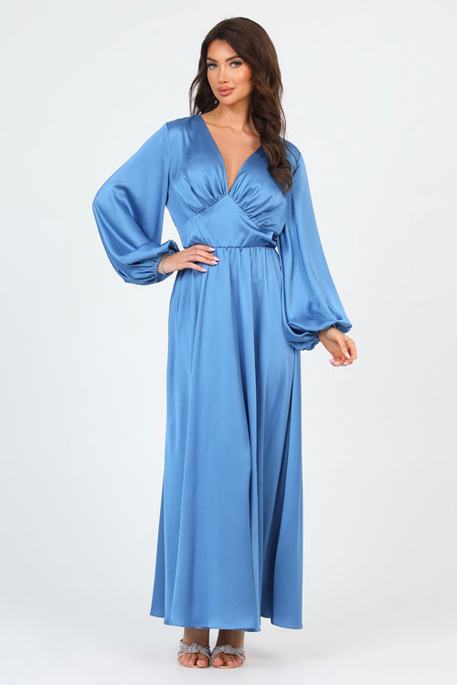 Dusty Blue Silk Satin Dress V Neckline Flutter Sleeves Dsir Couture Dusty Blue Silk Satin Dress V Neckline Flutter Sleeves Dsir Couture