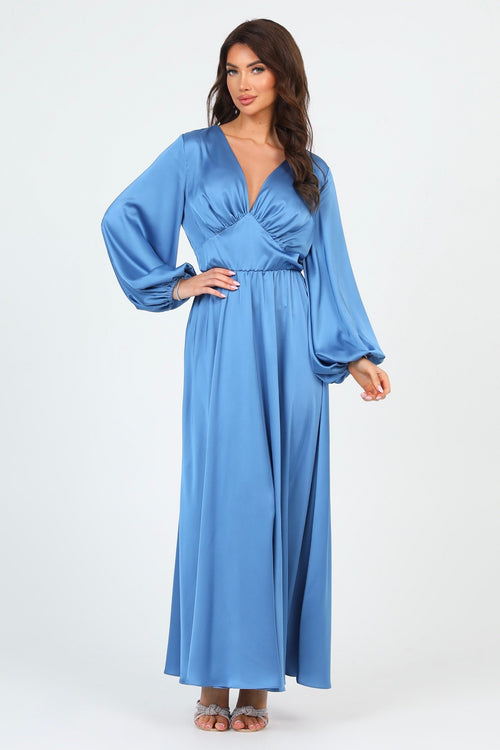 S Size Dusty Blue Silk Satin Dress V Neckline Flutter Sleeves (Ready to Ship)