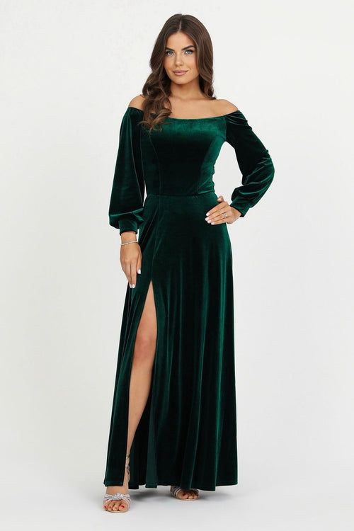 bridesmaid dress, velvet dress, wedding guest dress, gorgeous dress, wedding dress, mother of the bride dress, evening dress, gown dress, maxi dress, reception dress, elegant dress, formal dress, winter dress, fall bridesmaid, custom bridesmaid dress, dark emerald green dress, forest green dress, slit dress, long sleeve dress, off the shoulder dress