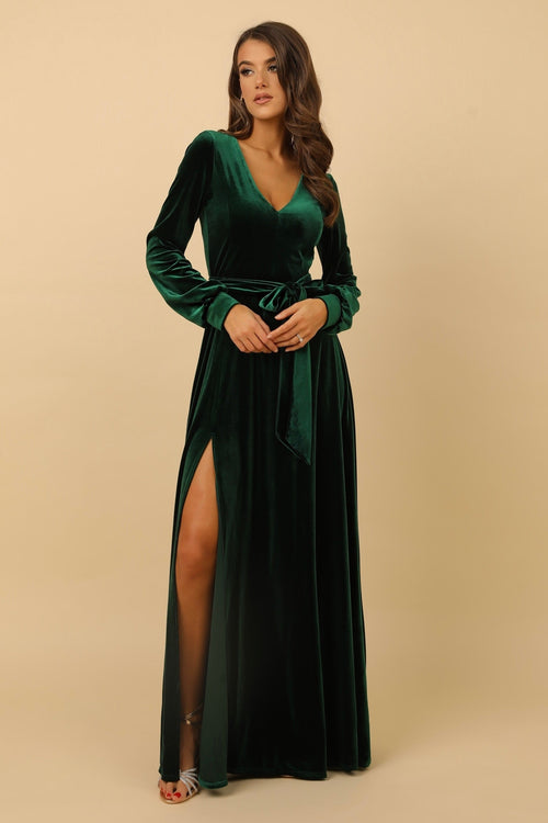 S Size Dark Green Velvet Deep V Neckline Dress Bishop Sleeves (Ready to Ship)