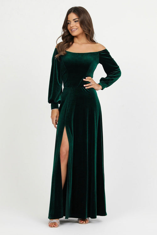 bridesmaid dress, velvet dress, wedding guest dress, gorgeous dress, wedding dress, mother of the bride dress, evening dress, gown dress, maxi dress, reception dress, elegant dress, formal dress, winter dress, fall bridesmaid, custom bridesmaid dress, dark emerald green dress, forest green dress, slit dress, long sleeve dress, off the shoulder dress