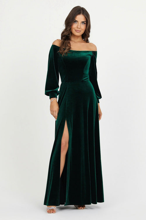 bridesmaid dress, velvet dress, wedding guest dress, gorgeous dress, wedding dress, mother of the bride dress, evening dress, gown dress, maxi dress, reception dress, elegant dress, formal dress, winter dress, fall bridesmaid, custom bridesmaid dress, dark emerald green dress, forest green dress, slit dress, long sleeve dress, off the shoulder dress