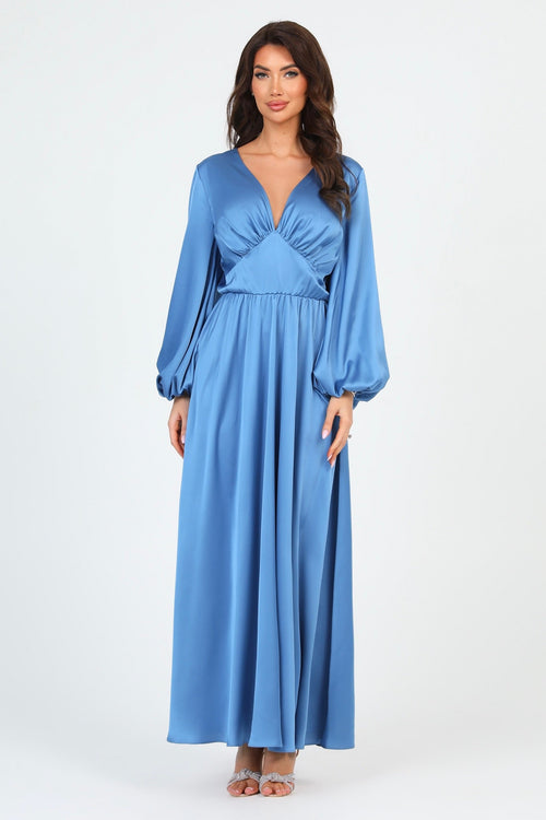 S Size Dusty Blue Silk Satin Dress V Neckline Flutter Sleeves (Ready to Ship)