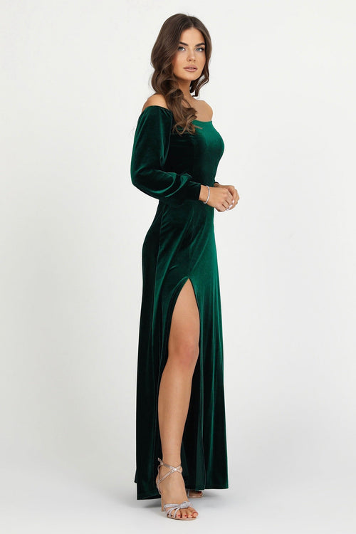 bridesmaid dress, velvet dress, wedding guest dress, gorgeous dress, wedding dress, mother of the bride dress, evening dress, gown dress, maxi dress, reception dress, elegant dress, formal dress, winter dress, fall bridesmaid, custom bridesmaid dress, dark emerald green dress, forest green dress, slit dress, long sleeve dress, off the shoulder dress